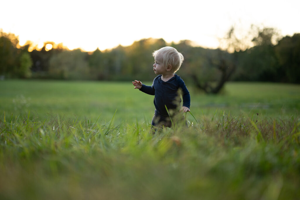 A toddler in a navy blue outfit walks through tall grass at sunset, exploring the open field with curiosity.
