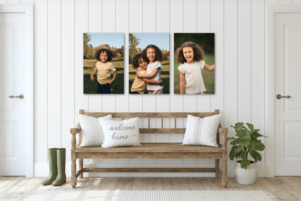 example of printed family photos above a bench