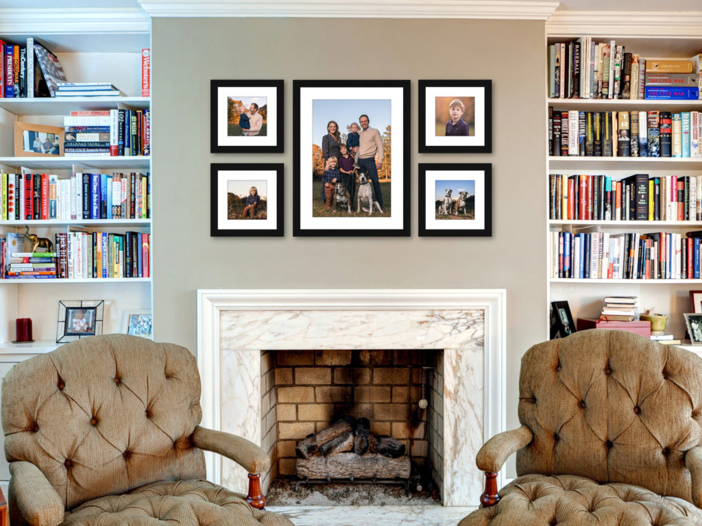 example of printed family photos above a fireplace